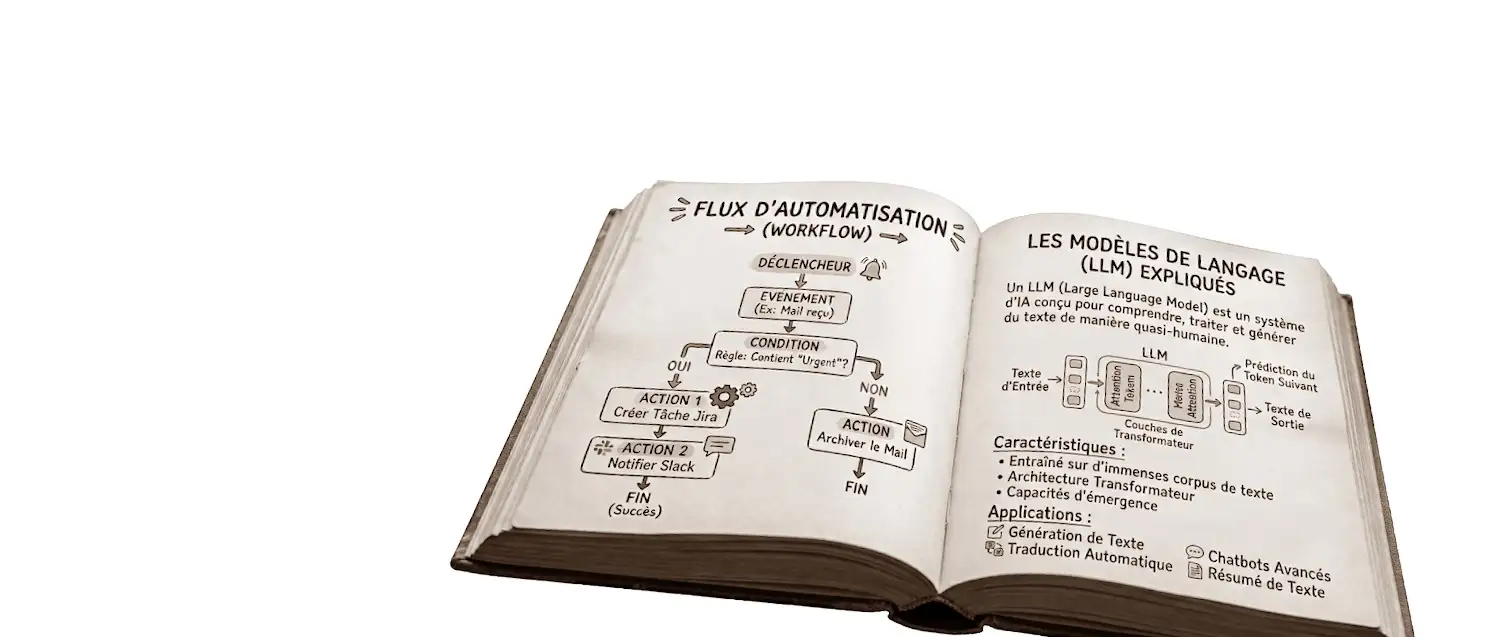 Un livre ouvert sur deux pages manuscrites : à gauche un schéma de flux d'automatisation, du déclencheur aux actions ; à droite une explication des modèles de langage.