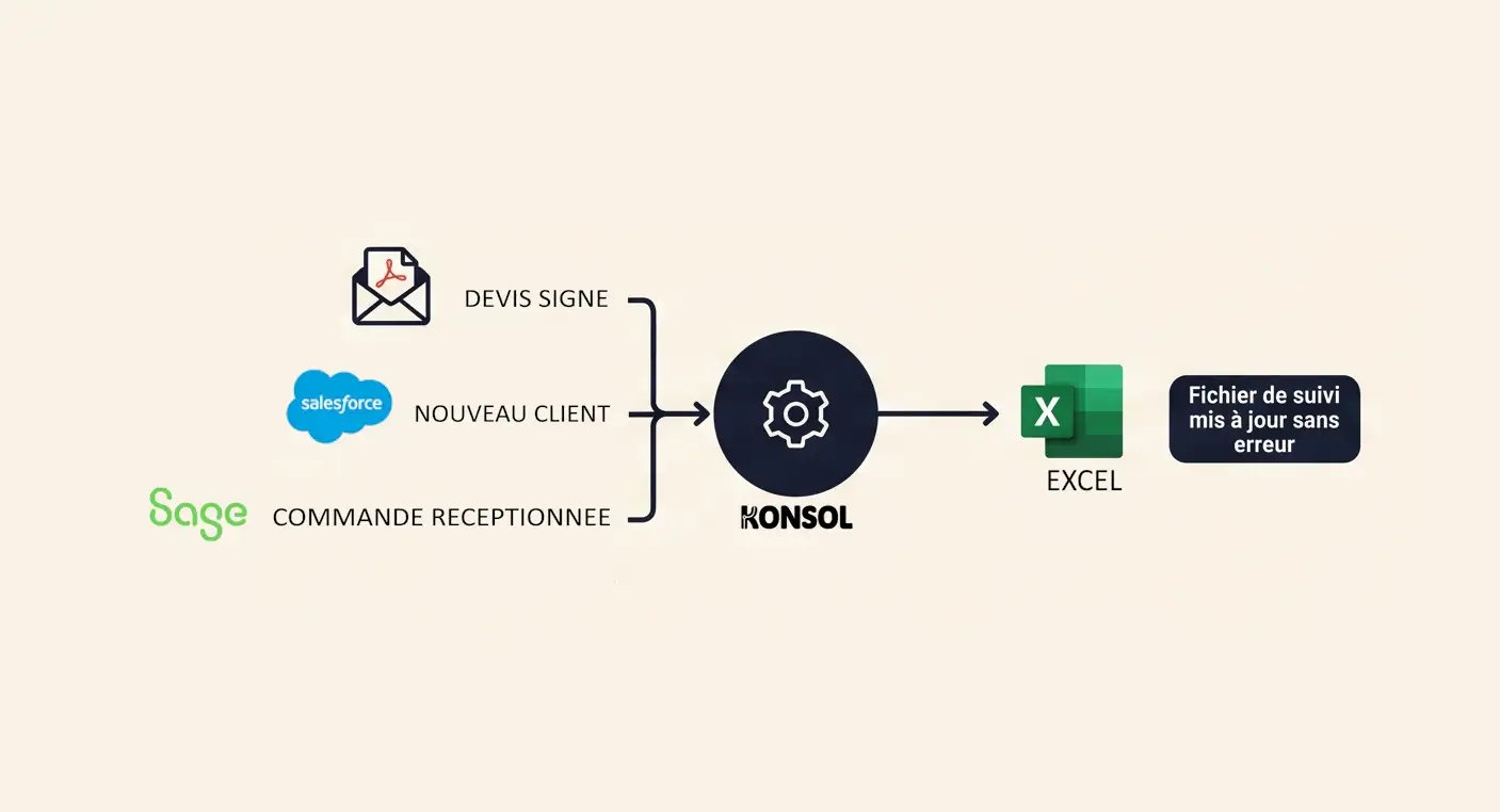 Schéma : un devis signé dans Docusign, un client créé dans Salesforce et une commande dans Sage passent par Konsol, qui met à jour le fichier Excel de suivi.